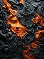 a womans face is surrounded by black and orange swirls generative ai photo