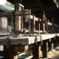 a wooden bench with chains attached to it generative ai photo