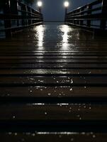 un de madera puente en el lluvia a noche generativo ai foto