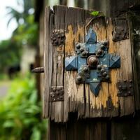 a wooden door with a blue cross on it generative ai photo