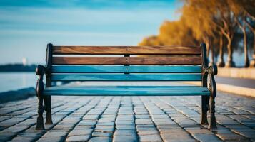 a wooden bench sitting on the side of the road generative ai photo