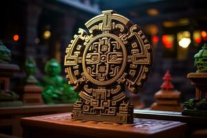 un de madera escultura de un azteca diseño en un mesa generativo ai foto