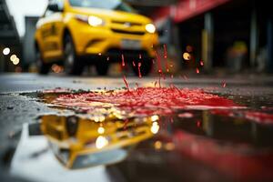 a yellow car is driving down the street with a puddle of blood on the road generative ai photo