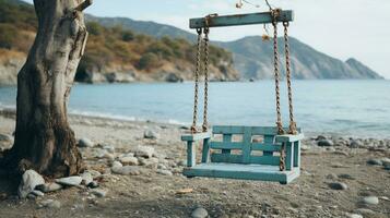 a wooden swing sitting on the beach next to a tree generative ai photo