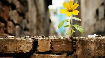 un amarillo flor creciente fuera de un ladrillo pared generativo ai foto