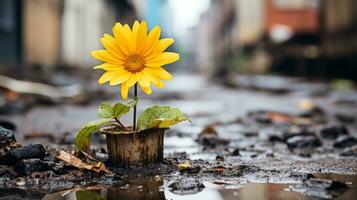 a yellow flower growing out of a pot on a muddy street generative ai photo