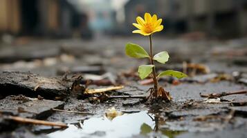 a yellow flower growing out of the ground in a puddle generative ai photo