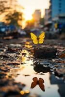 a yellow butterfly sits on a rock in the middle of a puddle generative ai photo