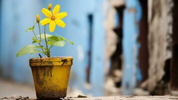 a yellow flower in a pot sitting on the ground in front of a blue wall generative ai photo