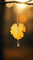 a yellow leaf hangs from a branch with a drop of water generative ai photo