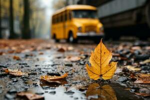a yellow leaf sits on the ground next to a yellow school bus generative ai photo