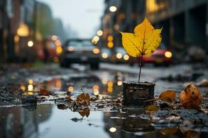 a yellow leaf sits in a puddle on the street generative ai photo