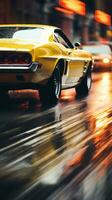 a yellow muscle car driving down the street at night generative ai photo