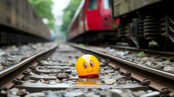 un amarillo sonriente cara es sentado en el pistas siguiente a un tren generativo ai foto