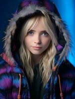a young blonde woman wearing a colorful jacket generative ai photo