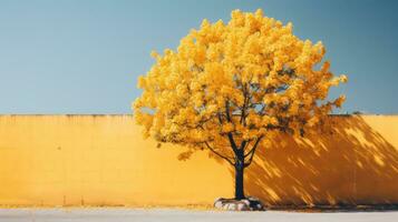 un amarillo árbol en frente de un amarillo pared generativo ai foto