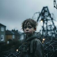 un joven chico en pie en frente de un pila de alambres generativo ai foto