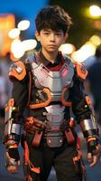 a young boy in a costume standing on the street generative ai photo