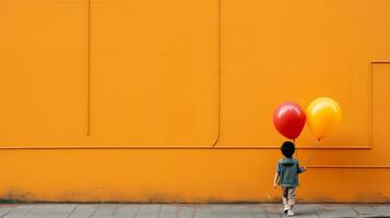 un joven chico participación dos rojo y amarillo globos en frente de un naranja pared generativo ai foto