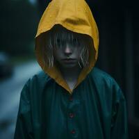 un joven chico vistiendo un amarillo impermeable en pie en el lluvia generativo ai foto