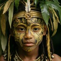 a young boy with gold painted face and green leaves on his head generative ai photo