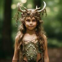 a young girl dressed as a deer with horns on her head generative ai photo