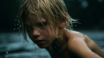 a young boy with wet hair in the water generative ai photo