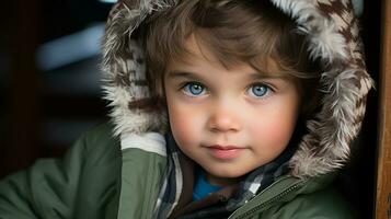 a young boy with blue eyes wearing a coat generative ai photo