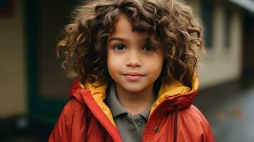 a young boy with curly hair wearing a red jacket generative ai photo