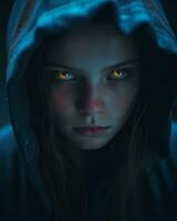 a young girl in a hoodie with glowing eyes generative ai photo