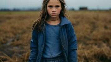 un joven niña en un azul chaqueta en pie en un campo generativo ai foto