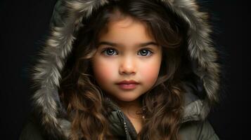 un joven niña en un encapuchado chaqueta generativo ai foto