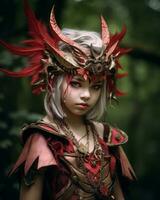 a young girl dressed in red and white with horns on her head generative ai photo