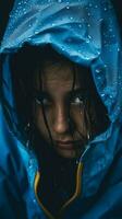 a young girl in a blue rain jacket with wet hair generative ai photo
