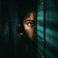 un joven niña echar un vistazo fuera desde detrás un puerta generativo ai foto
