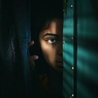 a young girl peeking out from behind a door generative ai photo