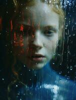 a young girl is looking through a window with raindrops on her face generative ai photo