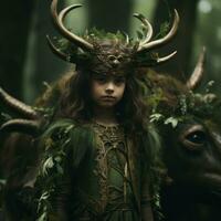 un joven niña vestido como un ciervo con cuernos en su cabeza generativo ai foto