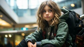 a young girl sitting on a bench with a backpack generative ai photo