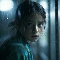 un joven niña mira fuera el ventana en el lluvia generativo ai foto