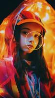 a young girl wearing a colorful raincoat with a bubble around her face generative ai photo