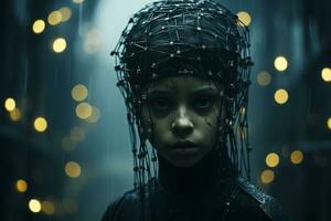 a young girl wearing a headpiece in the rain generative ai photo