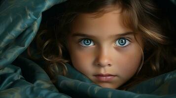 a young girl with blue eyes under a blanket generative ai photo