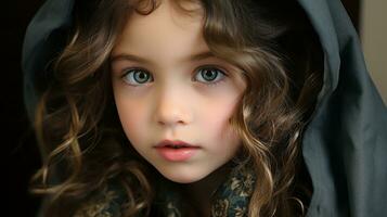 a young girl with blue eyes wearing a cloak generative ai photo