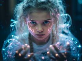 a young girl with glowing lights in her hands generative ai photo