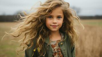 un joven niña con largo Rizado pelo en pie en un campo generativo ai foto