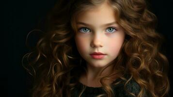 un joven niña con largo Rizado pelo y azul ojos generativo ai foto