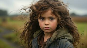 a young girl with long hair standing in the middle of a field generative ai photo