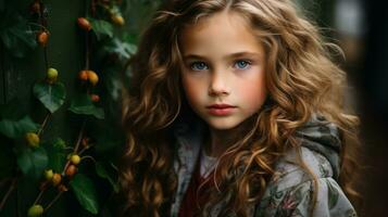 un joven niña con largo Rizado pelo mirando a el cámara generativo ai foto