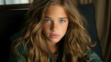 un joven niña con largo ondulado pelo y azul ojos generativo ai foto